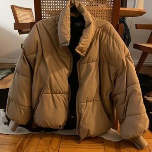Tan Zara cropped puffer XS